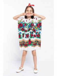 Rochie Model Folclor din Bumbac Floral Alb cu Elastic in Talie - Img 1