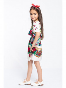 Rochie Model Folclor din Bumbac Floral Alb cu Elastic in Talie - Img 3