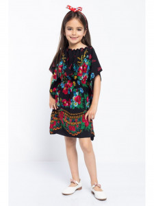 Rochie Model Folclor din Bumbac Negru cu Elastic in Talie - Img 2