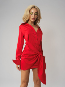Rochie rosie tip camasa cu detaliu in talie - Img 1