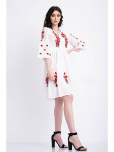 Rochie tip ie traditionala din bumbac alb cu model brodat rosu - Img 2