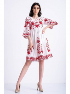 Rochie tip ie traditionala din bumbac alb cu model broderie rosie - Img 1