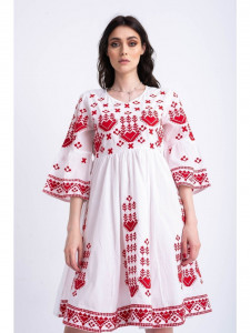 Rochie tip ie traditionala din bumbac alb cu model broderie rosie - Img 3