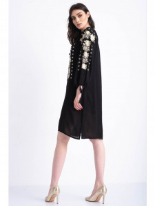 Rochie tip ie traditionala din bumbac negru cu broderie aurie - Img 5