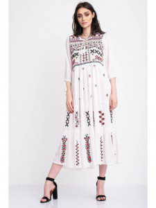 Rochie tip ie traditionala lunga din bumbac alb cu model geometric mov - Img 5