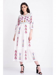 Rochie tip ie traditionala lunga din bumbac alb cu model geometric roz - Img 5