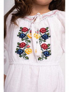 Rochie Traditionala din Bumbac Alb Brodat cu Flori Colorate - Img 5