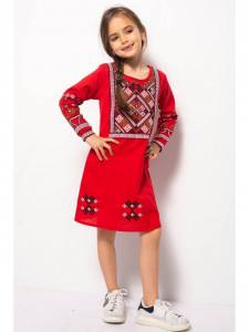 Rochie Traditionala din Bumbac Rosu cu Broderie Geometrica - Img 1