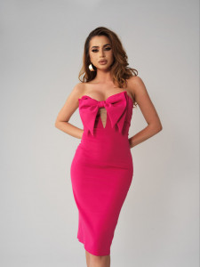 Rochie viva fucsia cambrata cu crapatura si funda ampla - Img 6