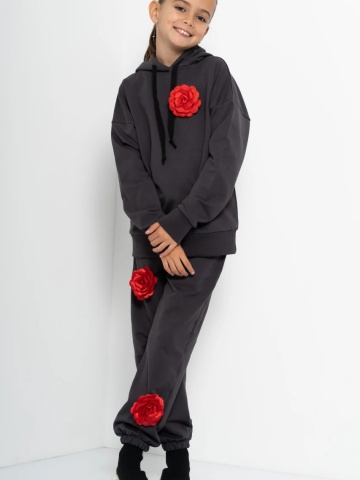 Trening Copii COZY CUSTOM Gri Oversize WKND cu 3 trandafiri rosii-evazat - Img 2