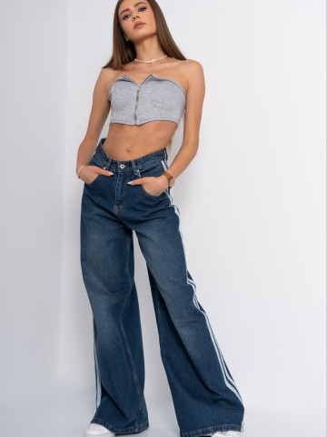 Blue Flare Jeans cu talie inalta si Dungi Laterale - Img 6