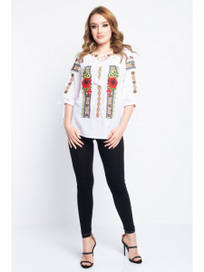 Bluza dama tip ie din bumbac alba cu model traditional colorat