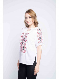 Bluza dama tip ie din bumbac alba cu model traditional colorat - Img 1