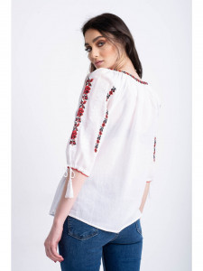 Bluza traditionala din bumbac alb cu broderie inflorata rosie pentru dama - Img 4
