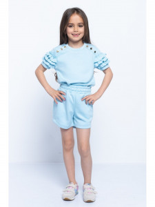 Compleu Casual Bleu cu Capse si Volane pentru Fete - Img 1