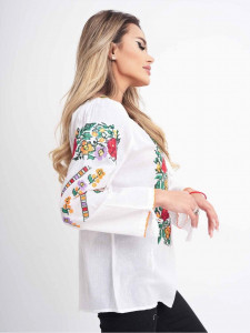 Ie dama din bumbac alb cu model traditional flori multicolore - Img 3