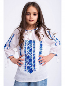 Ie din bumbac alb cu broderie inflorata albastra pentru fete - Img 1
