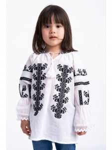 Ie din bumbac alb cu model traditional negru pentru fete - Img 1