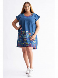 Rochie dama marimi mari din bumbac albastru cu model abstract - Img 1