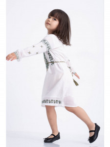 Rochie fetite tip ie traditionala din bumbac alb cu broderie verde - Img 4