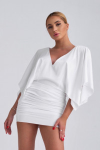 Rochie mini alba drapata cu decolteu amplu si maneci vaporoase - Img 1