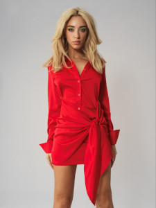 Rochie rosie tip camasa cu detaliu in talie - Img 5