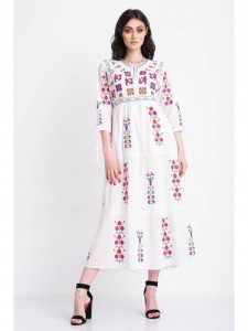 Rochie tip ie traditionala lunga din bumbac alb cu model geometric roz - Img 1