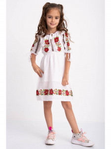 Rochie Traditionala din Bumbac Alb Brodat cu Flori Rosii - Img 1