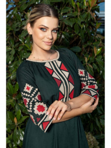 Rochie traditionala din bumbac verde cu broderie