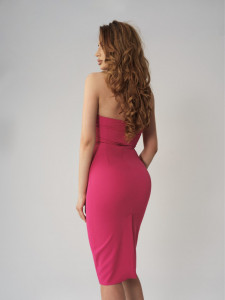 Rochie viva fucsia cambrata cu crapatura si funda ampla - Img 2