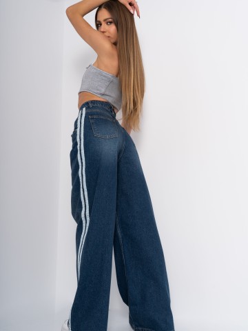 Blue Flare Jeans cu talie inalta si Dungi Laterale - Img 2