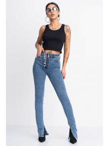 Blugi dama din bumbac bleu cu aspect prespalat si decupaje laterale - Img 2