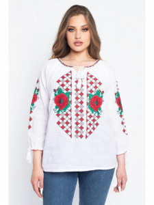 Bluza dama tip ie din bumbac alba cu model traditional rosu - Img 6