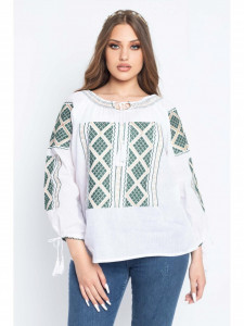 Bluza dama tip ie din bumbac alba cu model traditional verde cu auriu - Img 5