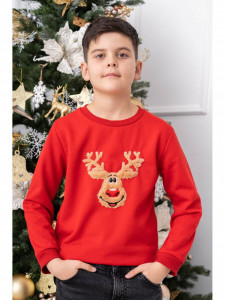Bluza de Craciun Copii Maneca Lunga Bumbac Vatuit model Ren Rosu - Img 2