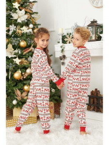Pijama de Craciun copii model alb cu reni rosii din bumbac - Img 2
