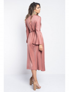 Rochie dama asimetrica din satin latte petrecuta cu snur in talie - Img 2