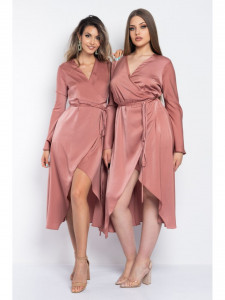 Rochie dama asimetrica din satin latte petrecuta cu snur in talie - Img 7