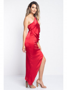 Rochie dama asimetrica din satin rosu cu un umar gol - Img 7