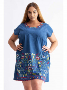 Rochie dama marimi mari din bumbac albastru cu model abstract - Img 2
