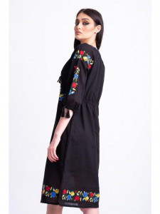 Rochie dama tip ie traditionala din bumbac negru cu broderie florala multicolora - Img 6