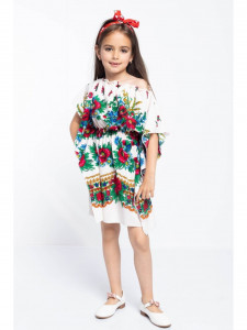 Rochie Model Folclor din Bumbac Floral Alb cu Elastic in Talie - Img 4