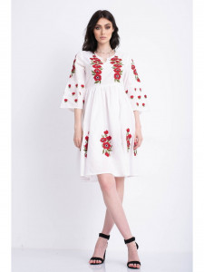 Rochie tip ie traditionala din bumbac alb cu model brodat rosu - Img 3