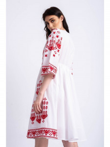 Rochie tip ie traditionala din bumbac alb cu model broderie rosie - Img 4
