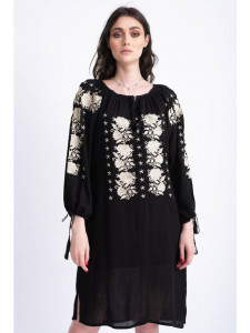 Rochie tip ie traditionala din bumbac negru cu broderie aurie - Img 6