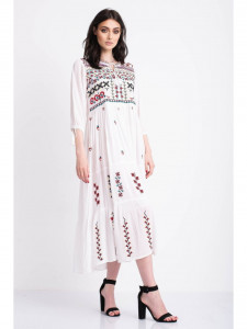 Rochie tip ie traditionala lunga din bumbac alb cu model geometric mov - Img 6