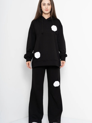 Trening dama COZY CUSTOM Oversize WKND Negru cu 3 trandafiri albi-slim