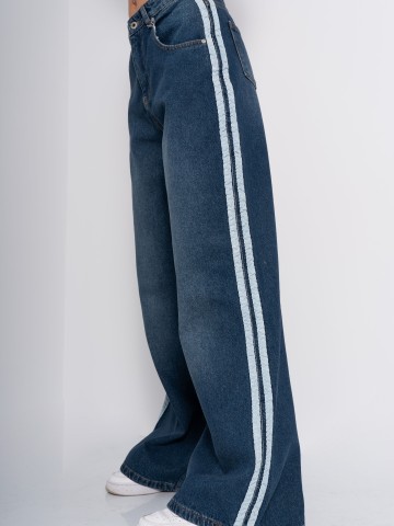 Blue Flare Jeans cu talie inalta si Dungi Laterale - Img 3