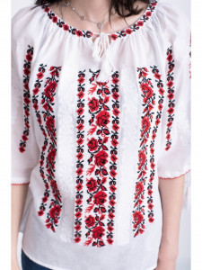Bluza traditionala din bumbac alb cu broderie inflorata rosie pentru dama - Img 5