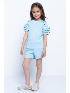 Compleu Casual Bleu cu Capse si Volane pentru Fete - Img 2